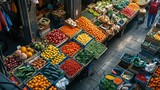Fototapeta  - Top-Down View of a Tech-Enabled Urban Farmers Market, a tapestry of colors and activity in the morning glow