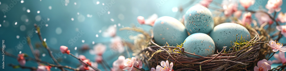Frame with white and blue speckled easter eggs and cherry blossoms on ...