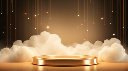 Wall Mural - golden round podium with light clouds, a stage for a new product with an empty copy space