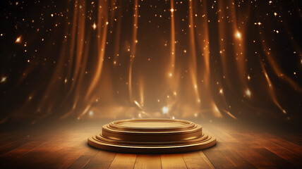 Wall Mural - golden round podium with light clouds, a stage for a new product with an empty copy space
