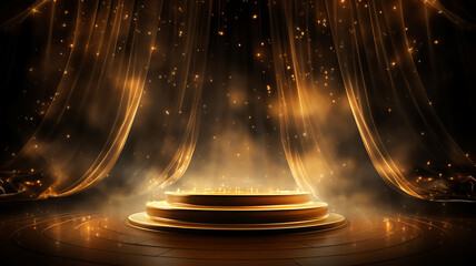 Wall Mural - golden round podium with light clouds, a stage for a new product with an empty copy space