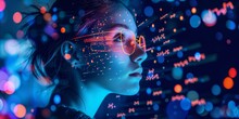 Woman Look Up Portrait In Vr Glasses Hologram, Glowing Virtual Headset With Connection, Earth Sphere And Lines.