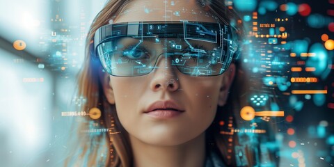 woman look up portrait in vr glasses hologram, glowing virtual headset with connection, earth sphere and lines.