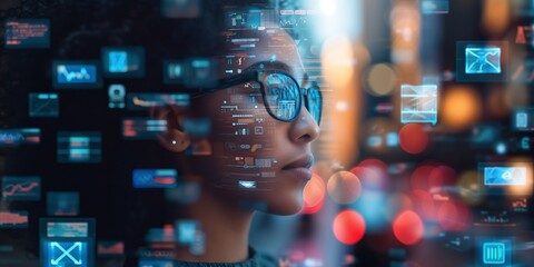 woman look up portrait in vr glasses hologram, glowing virtual headset with connection, earth sphere and lines.