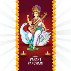 Wall Mural - Sarasvati for happy vasant panchami puja of india card background