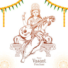 Wall Mural - Hand draw indian god saraswati maa on vasant panchami card design