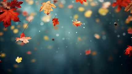 Wall Mural - dry autumn falling leaves autumn park background, selective focus blurred forest background fall