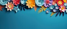 Multicolored Paper Cut Flowers With Green Leaves, Copy Space On Blue Background. Generate AI Image