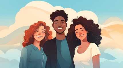 Wall Mural - Group of three people smiling together, flat vector illustration