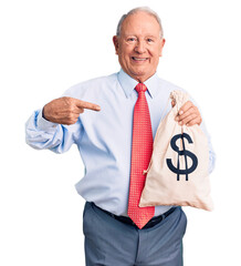 Sticker - Senior handsome grey-haired man wearing elegant clothes holding money bag pointing finger to one self smiling happy and proud