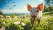 © Olena - a little funny pig looks at the camera and walks through a flowering meadow on a farm on a sunny warm day