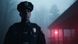 Cinematic shot of a cop near a fog covered bridge