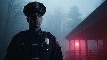 Cinematic Shot Of A Cop Near A Fog Covered Bridge