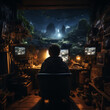 © AI_images_for_people - Concept of gaming addiction, featuring back view of a boy sitting in a dark room, lit by the glow of a screen. Capturing immersive nature of excessive gaming and its potential risks.
