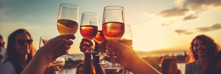 Young people celebrating summertime party holding vine glasses outside. Happy friends have fun on the beach. Summer vacations, lifestyle beverage concept.