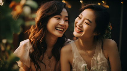 Two joyful brides women outdoors. Asian lesbian couple