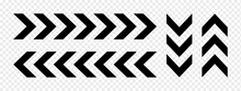 Set Of Horizontal And Vertical Chevron Arrows. Ornaments With Repeated V Shaped Stripes. Road, Military, Army, Pointer, Navigation Left And Right, Up And Down Signs. Vector Flat Illustration