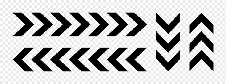 Set of horizontal and vertical chevron arrows. Ornaments with repeated V shaped stripes. Road, military, army, pointer, navigation left and right, up and down signs. Vector flat illustration