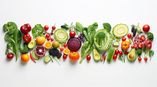 A Row Of Vegetables And Fruits Collage Isolated On A White Background.