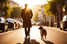 A Man Walks With A Dog Along A Sunny Street (rear View), He Is Illuminated By The Sun's Glare
