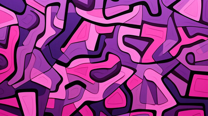 A pink and purple abstract pattern with triangles and squares, in the style of irregular curvilinear forms, puzzle-like pieces, bold, cartoonish lines, bold colors, strong lines, zigzags, matte backgr