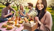 A smiling person at a picnic with friends, surrounded by spring blooms. A group of friends laugh and share food at a sunny park picnic.