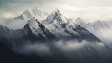 Panorama Landscape Of Mountains Snowy Peaks Of Rocks In Fog And Clouds.
