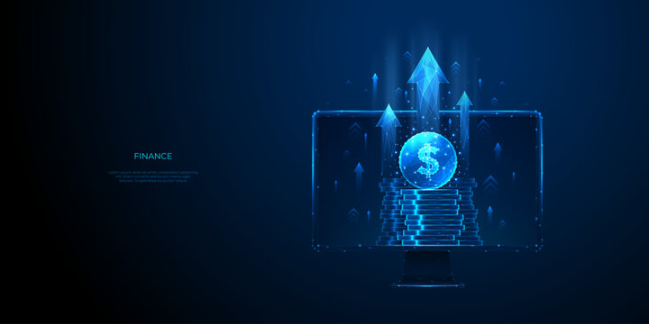 Stock market and investment concept. Digital coin dollar stack with growth arrows on a computer monitor screen. Abstract futuristic low poly wireframe style. Light blue monochrome vector illustration.