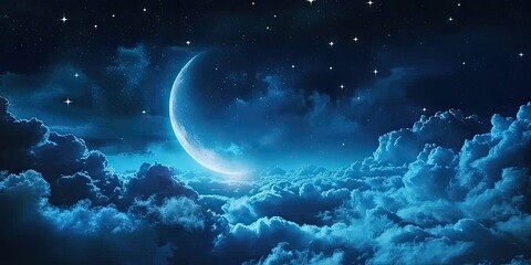 Poster - Celestial elegance. Captivating moon night sky with stars clouds and touch of mystical blue perfect for portraying beauty of astronomy and dreams