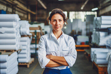 Paper factory for making boxes, a portrait of working woman in the working uniform on the shop floor.