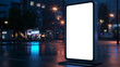 Riesiges Smartphone steht in einer Stadt bei Dunkelheit beleuchtet mit blanko Display für Marketing unscharfer Hintergrund isoliert Generative AI