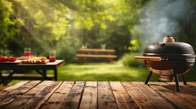 BBq Grill In The Back Yard Background With Empty Wooden Table