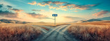 Fototapeta Natura - A symbolic scene at a rural crossroads, where two diverging dirt paths split under a directional sign against a backdrop of rolling golden hills and a captivating sky at sunset