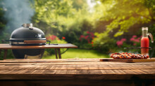 BBq Grill In The Back Yard Background With Empty Wooden Table