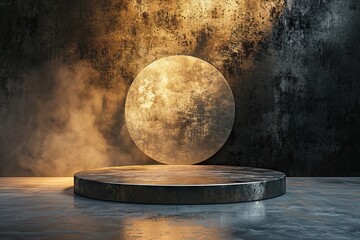 Wall Mural - Celestial showcase. Minimalistic design featuring empty stage black space and illuminated circular podium ideal for capturing essence of mystery and modern elegance