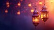 Ramadan Kareem greeting card with Arabic lanterns and lights