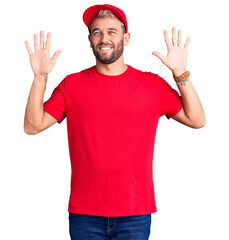 Sticker - Young handsome blond man wearing t-shirt and cap showing and pointing up with fingers number ten while smiling confident and happy.