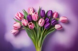 Fototapeta Tulipany - A bouquet of purple tulips, pink on a purple watercolor background. A place for the text. Postcard, banner on March 8th.