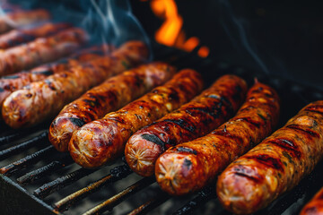 Wall Mural - Grilled juicy sausages on a grill with fire. Shallow depth of field. Photos and menus of cafes and restaurants