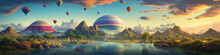 Hot Air Balloons Flying Above Beautiful Nature. Copy Space For Your Text.