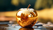 A Golden Apple on Floor Against a Blurred Background. Golden Temptation. Artistic and Conceptual Theme.