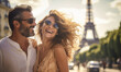 Happy couple man and woman travel in Paris, lovers embrace again, Travel to Europe, Famous popular tourist place in world.