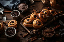 Food Background With Freshly Baked Sweet Buns Puff Pastry With Chocolate On Old Wooden Table, Breakfast Or Brunch Concept With Copy Space, Top View, Flat Lay
