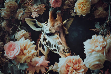 Wall Mural - Giraffe portrait with fresh flowers and leaves. Creative animal portrait. Generative Ai