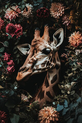 Wall Mural - Giraffe portrait with fresh flowers and leaves. Creative animal portrait. Generative Ai