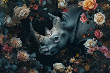 Wall Mural - Rhino portrait with fresh flowers and leaves. Creative animal portrait. Generative Ai