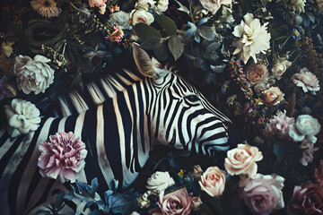 Wall Mural - Zebra portrait with fresh flowers and leaves. Creative animal portrait. Generative Ai