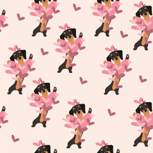 Love Dachshund Dogs And Hearts Seamless Pattern Background. Valentines Day Concept. Vector Cartoon Doodle Illustration
