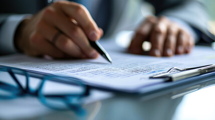 Sticker - Close-up view of a person's hand holding a pen over a pile of paperwork, indicating they are working, signing documents, or reviewing files.