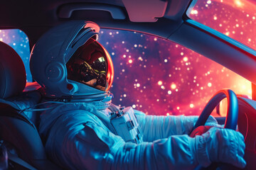 Wall Mural - Astronaut Adventures: Close-Up of Space Traveler in a Cosmic Car